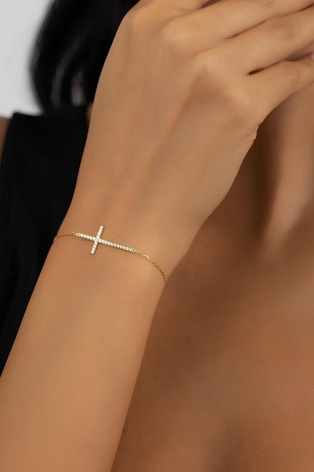 14K Solid Gold Diamond Pave Cross Bracele