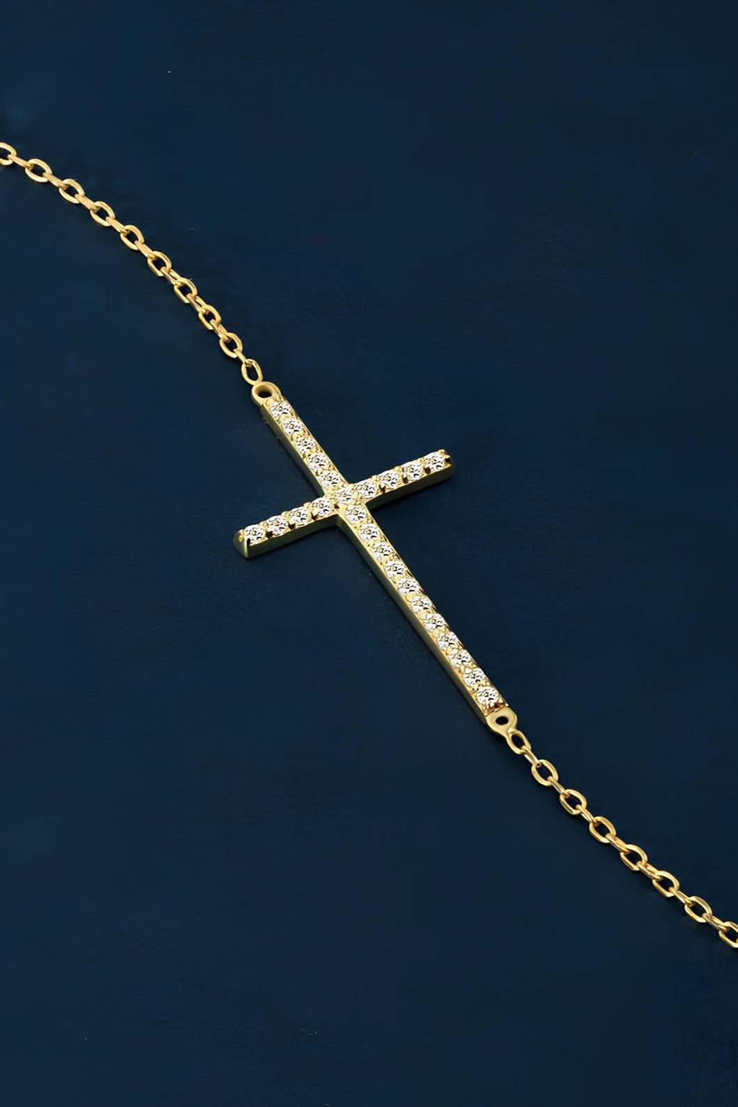 14K Solid Gold Diamond Pave Cross Bracele
