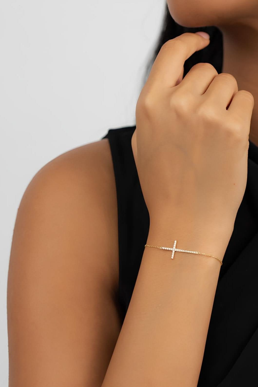 14K Solid Gold Diamond Pave Cross Bracele