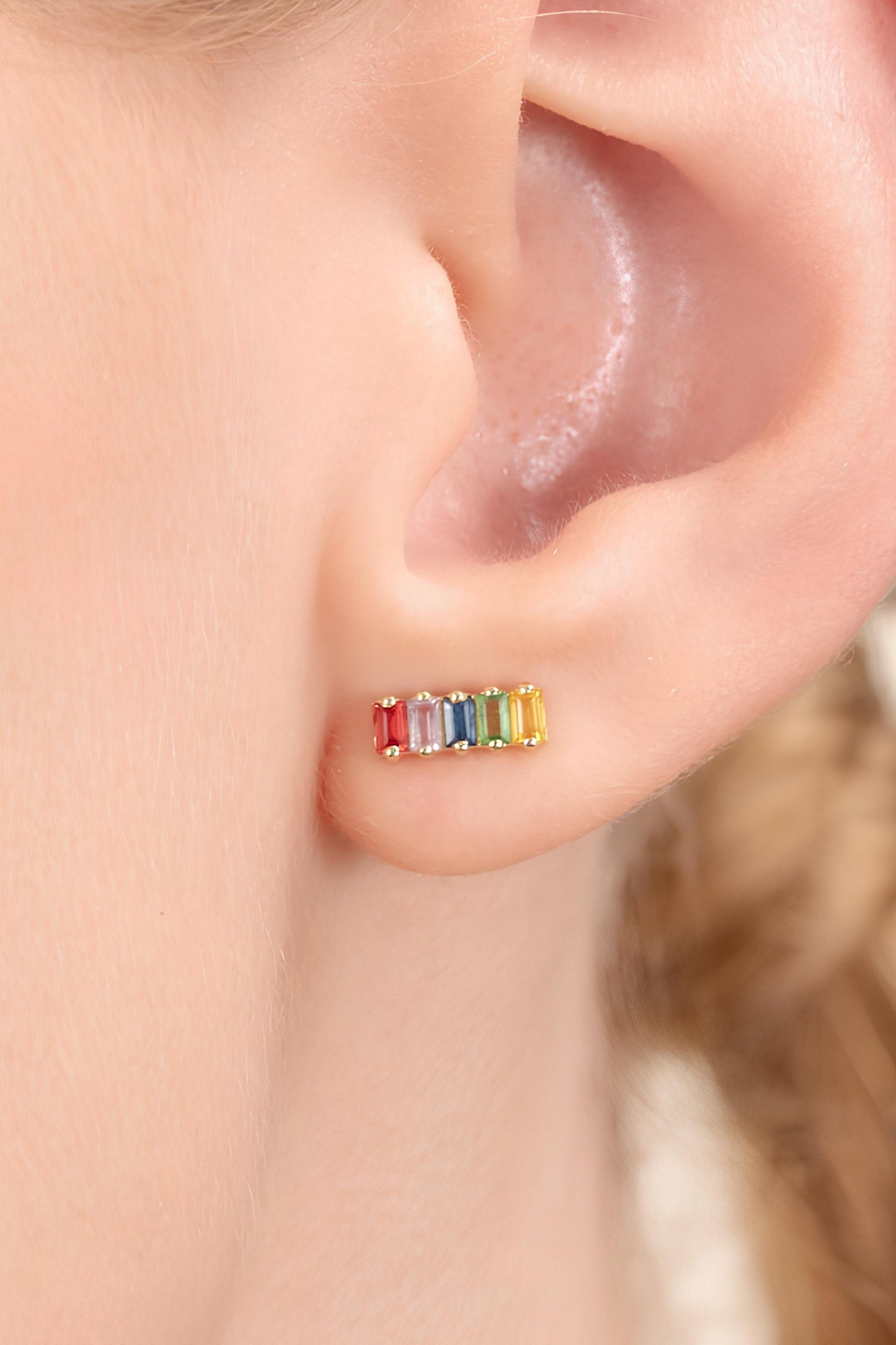 14k Baguette Rainbow Sapphire Earrings