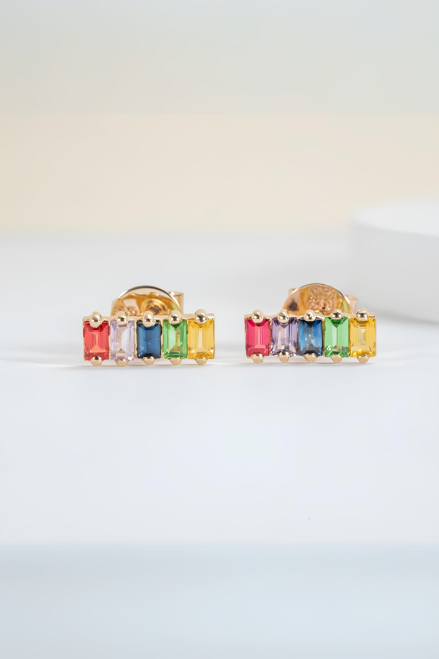 14k Baguette Rainbow Sapphire Earrings