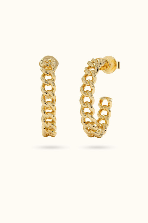 14k Gold Cuban Chain Oval Hoop Earrings