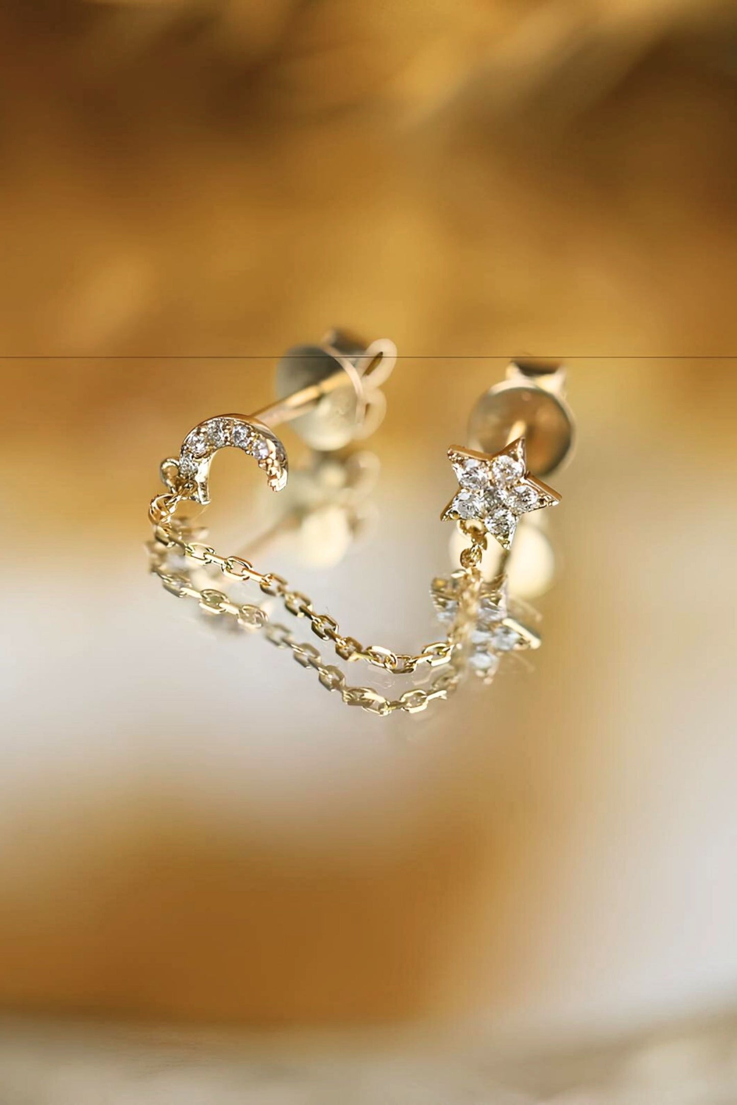 14k Gold Diamond Moon and Star Earrings