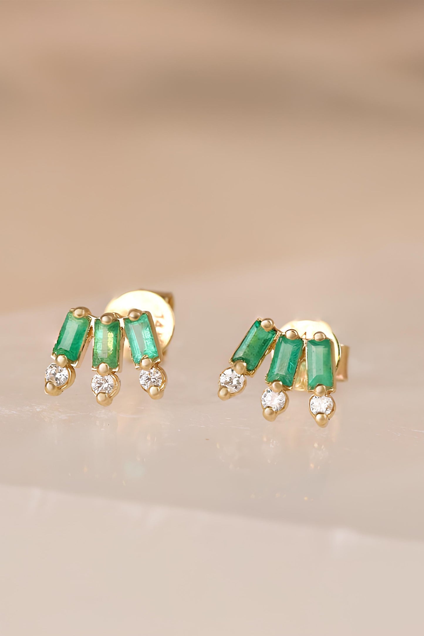 14k Gold and Diamond Emerald Stud Earrings