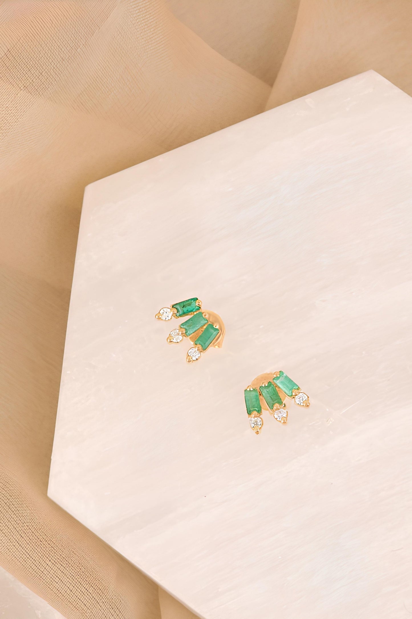 14k Gold and Diamond Emerald Stud Earrings