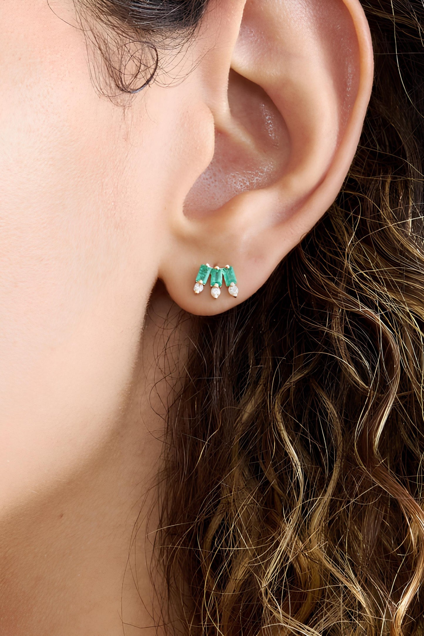 14k Gold and Diamond Emerald Stud Earrings