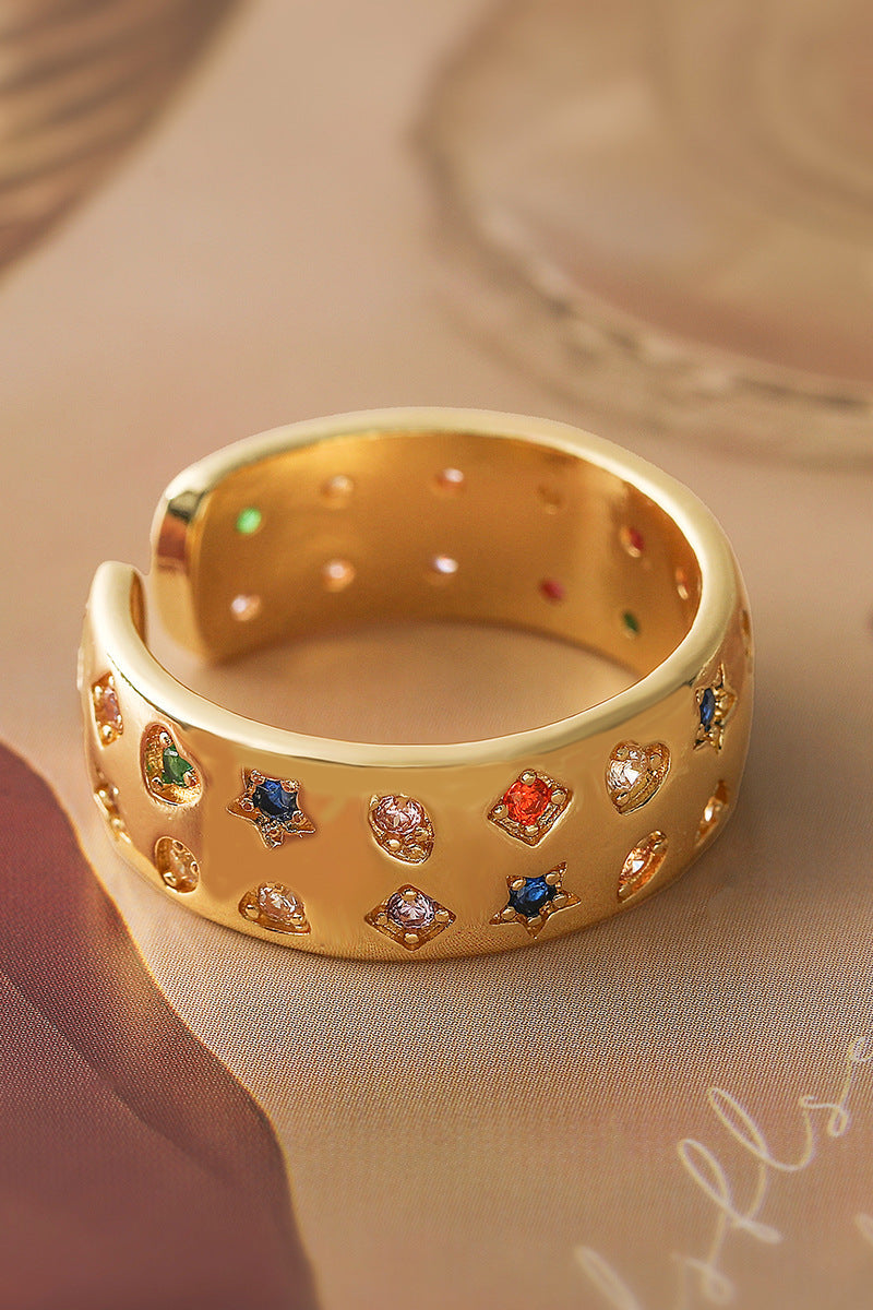 Double Row Colored Diamond Star Heart Ring