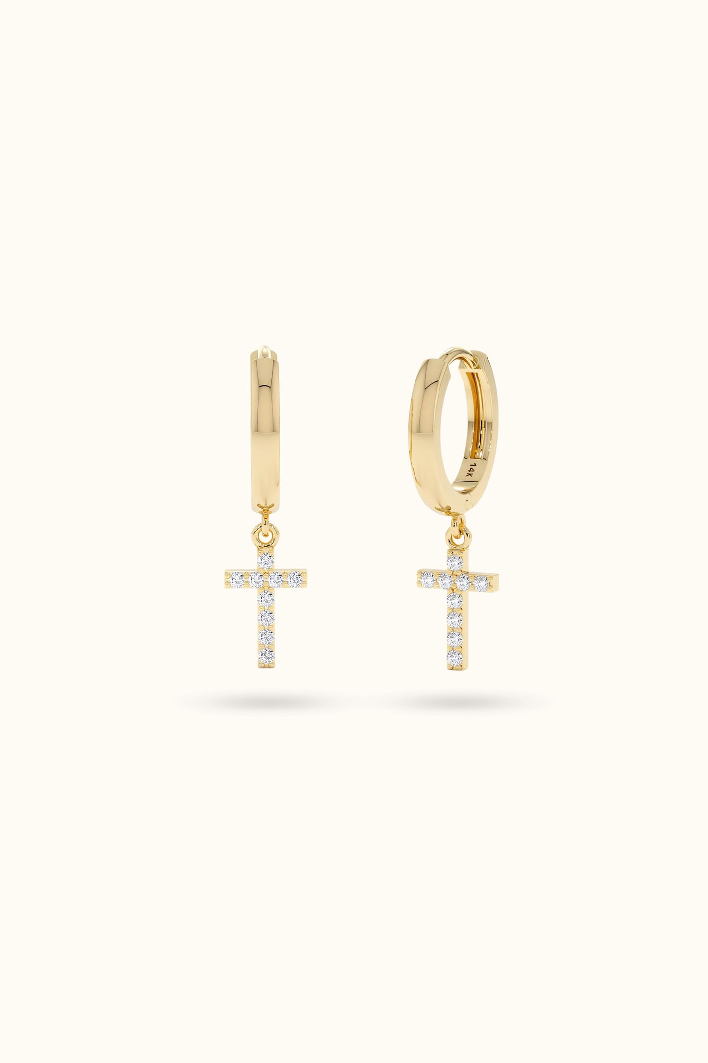 Gold Diamond Cross Huggies Dangly Earrings