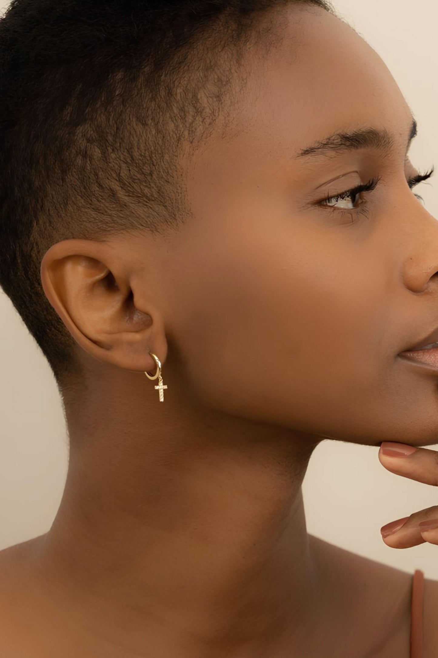 Gold Diamond Cross Huggies Dangly Earrings