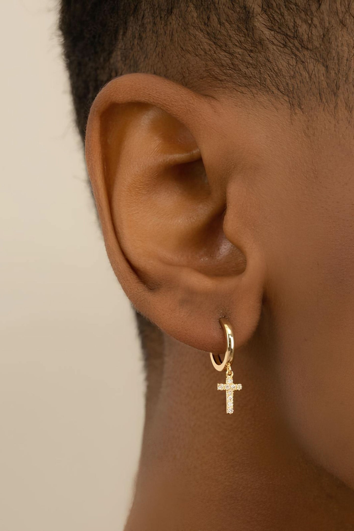 Gold Diamond Cross Huggies Dangly Earrings