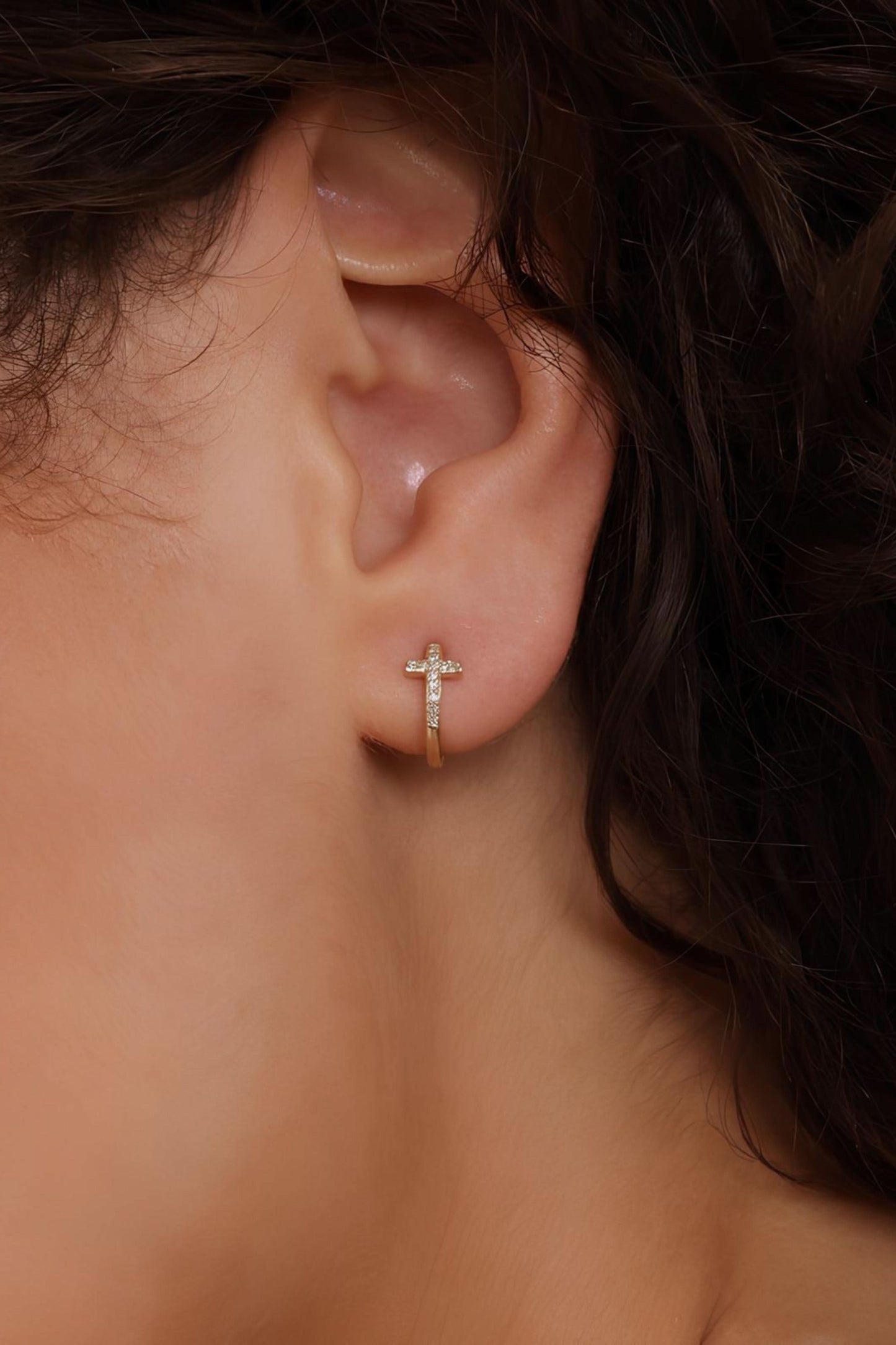 Gold Diamond Huggies Dainty Cross Earrings