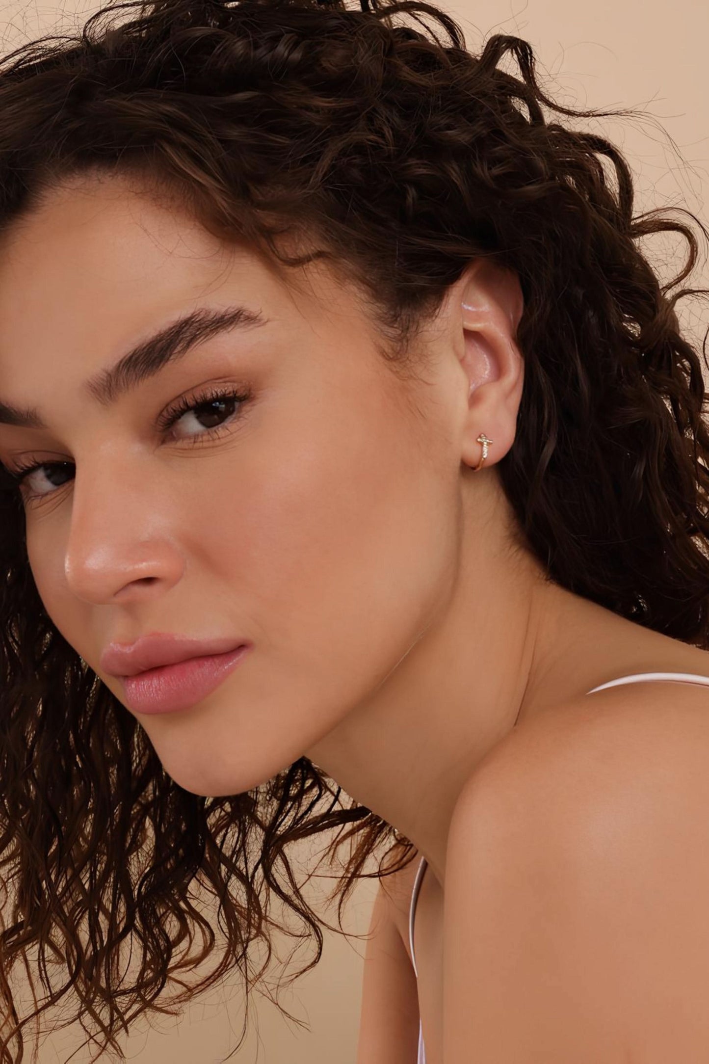 Gold Diamond Huggies Dainty Cross Earrings