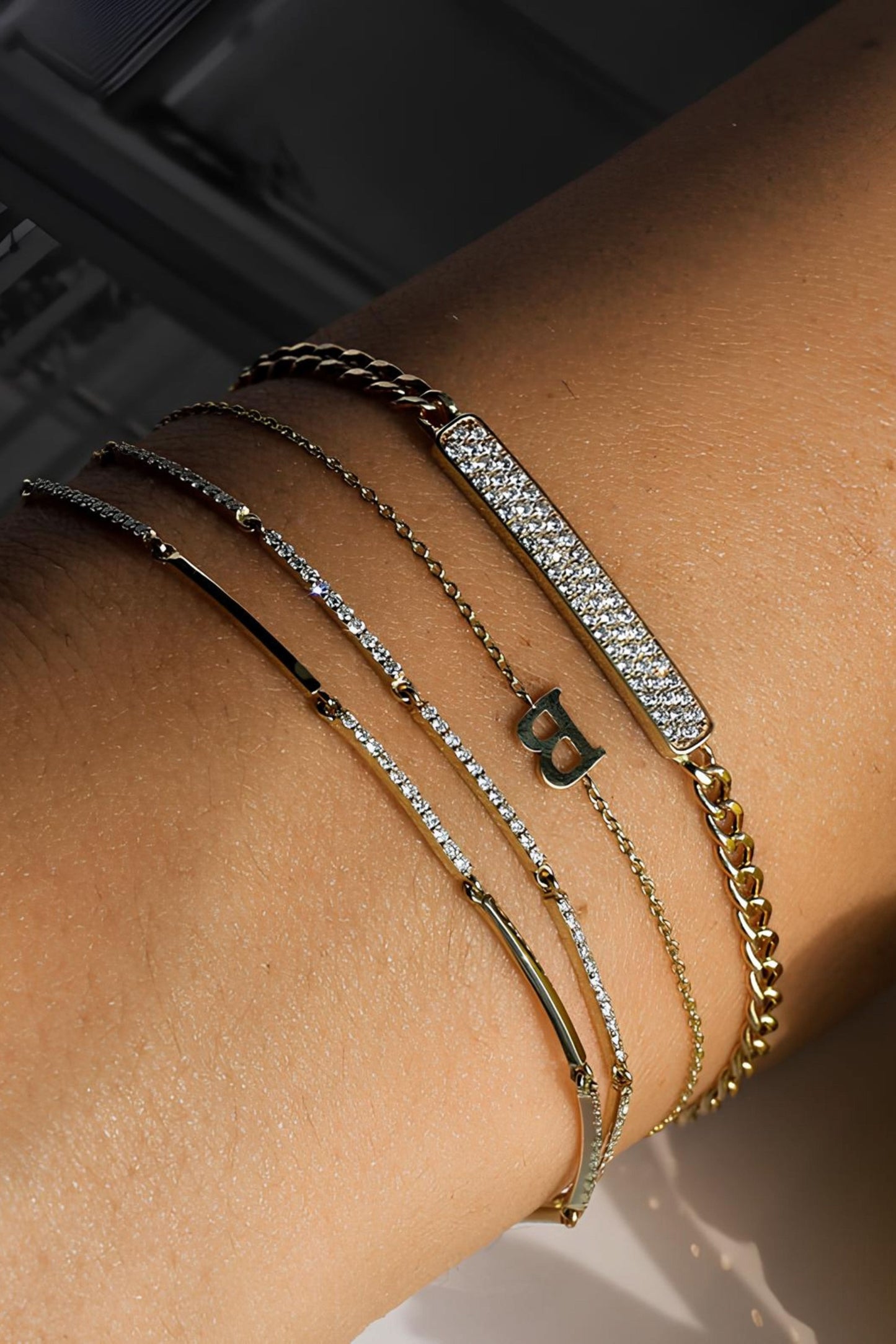 Gold Pave Stackable Diamond Bar Bracelet