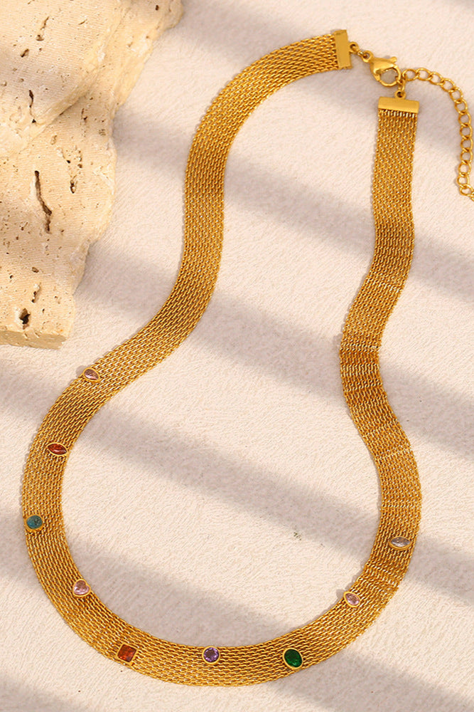 Mesh Band Colored Zircon Chain Necklace