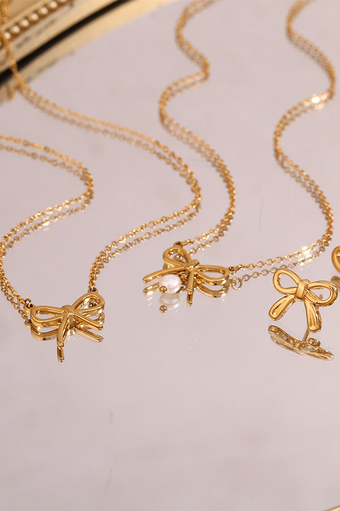 Mini heart-Pearl pendant bowknot necklace