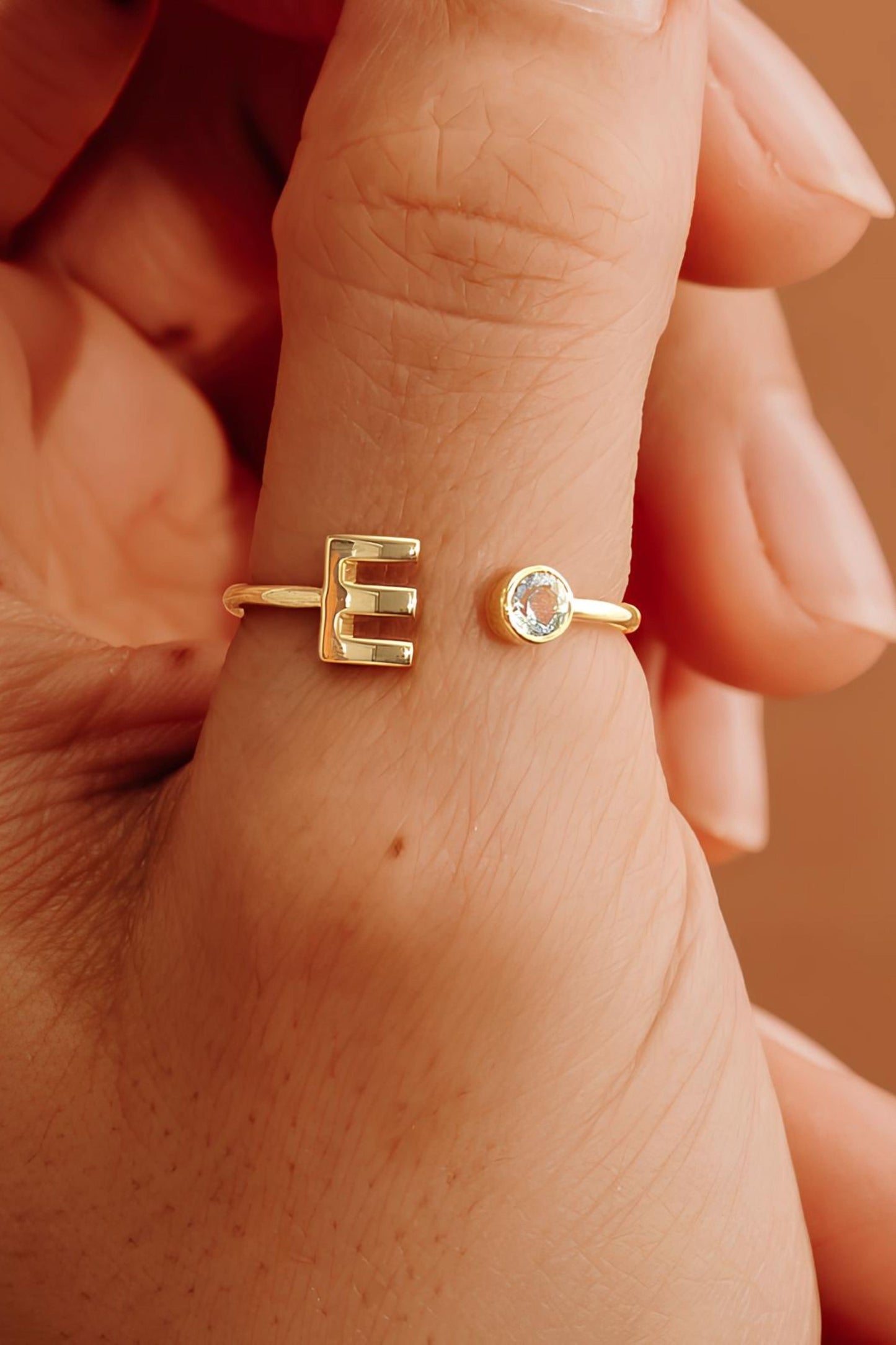 Open Cuff Ring With Initial and Birthstone Ring