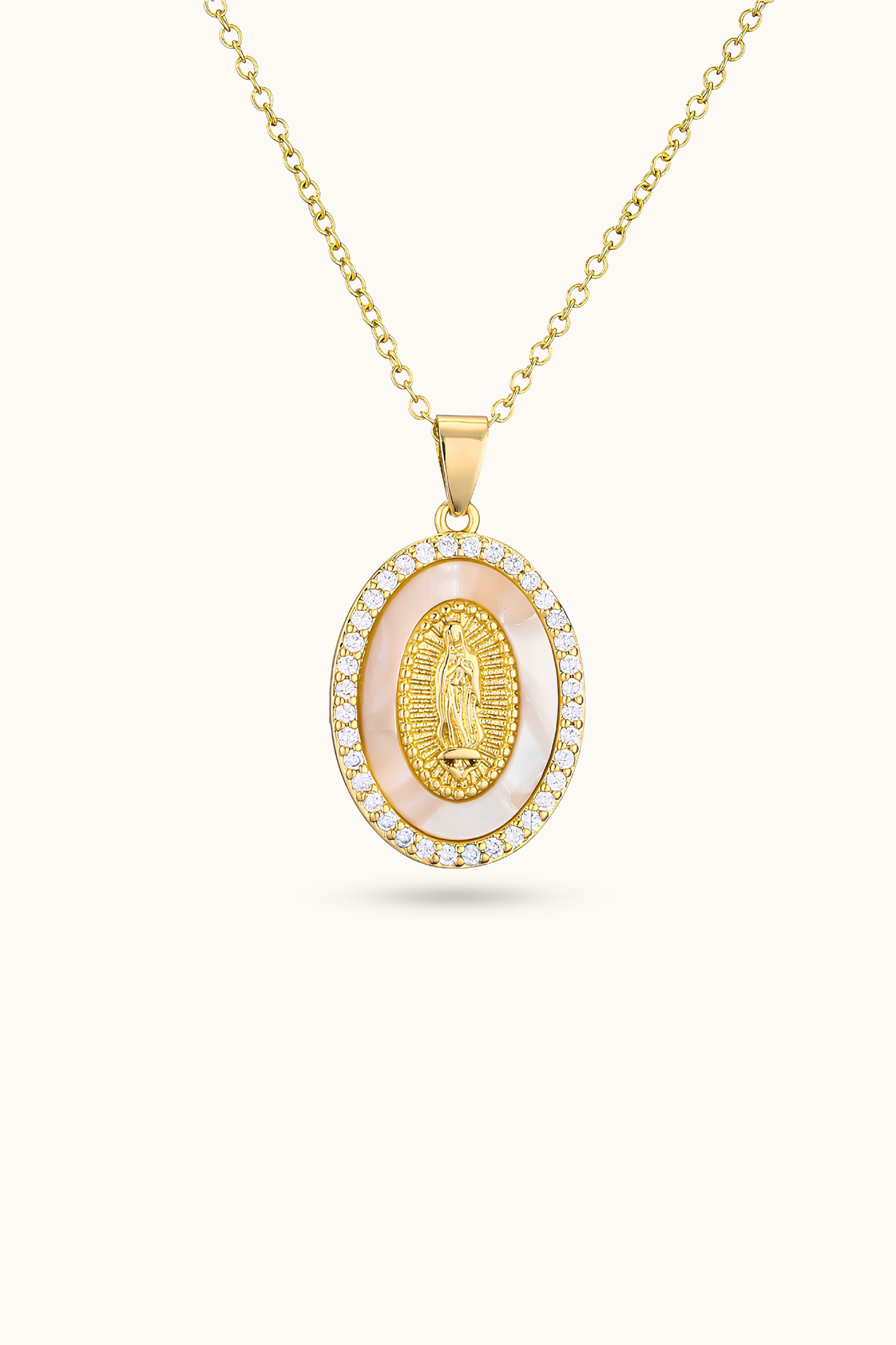 Pearl Diamond Virgin Mary Pendant Necklace