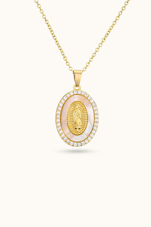 Pearl Diamond Virgin Mary Pendant Necklace