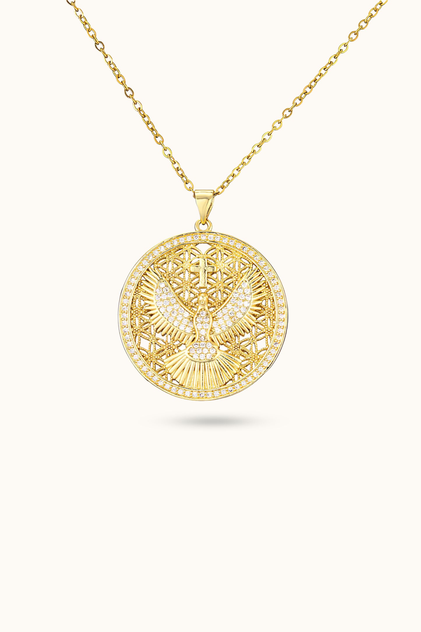Round Disc Cross Diamond Eagle Pendant Necklace