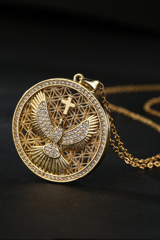Round Disc Cross Diamond Eagle Pendant Necklace