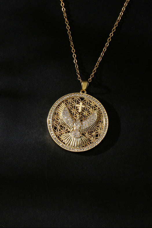 Round Disc Cross Diamond Eagle Pendant Necklace