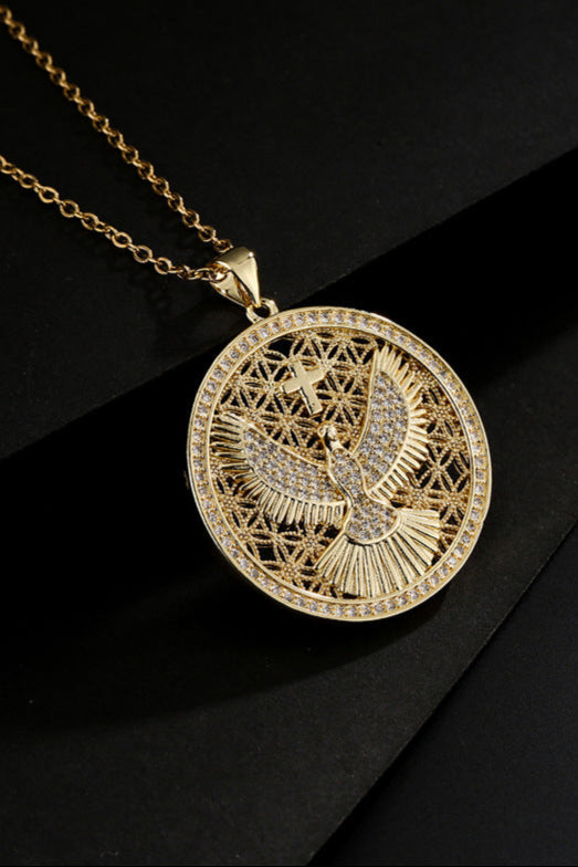 Round Disc Cross Diamond Eagle Pendant Necklace