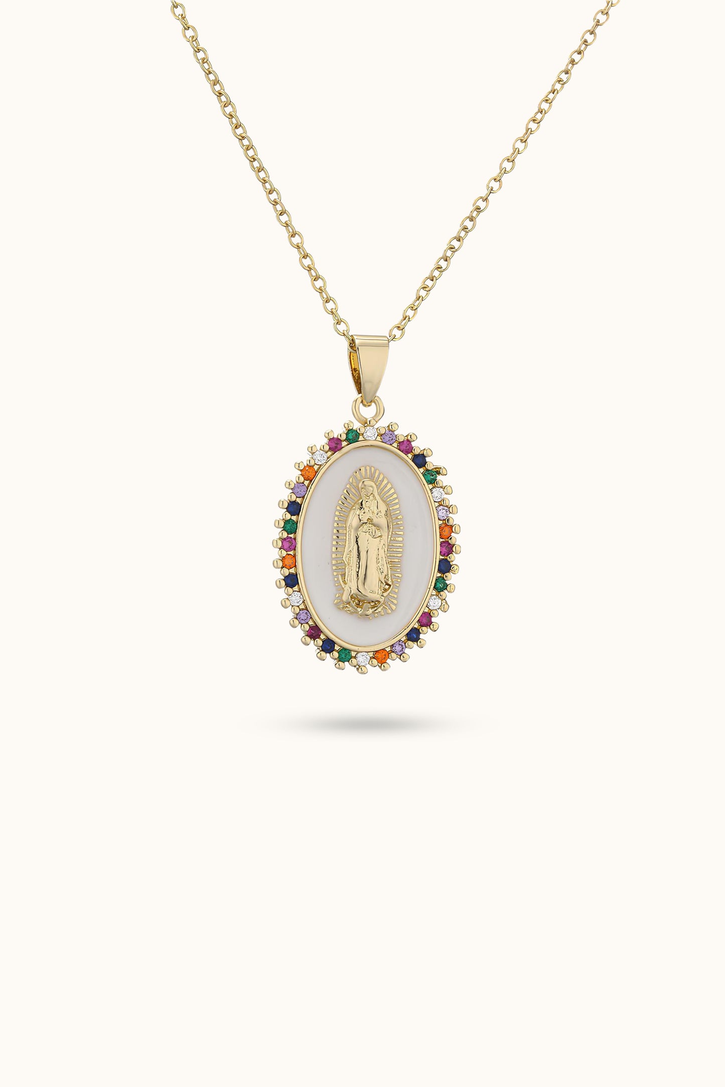 Virgin Pearl Diamond Mary Pendant Necklace