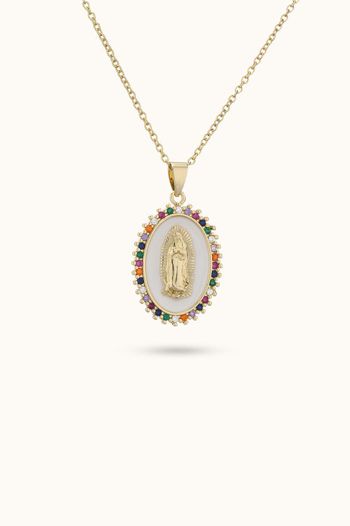 Virgin Pearl Diamond Mary Pendant Necklace