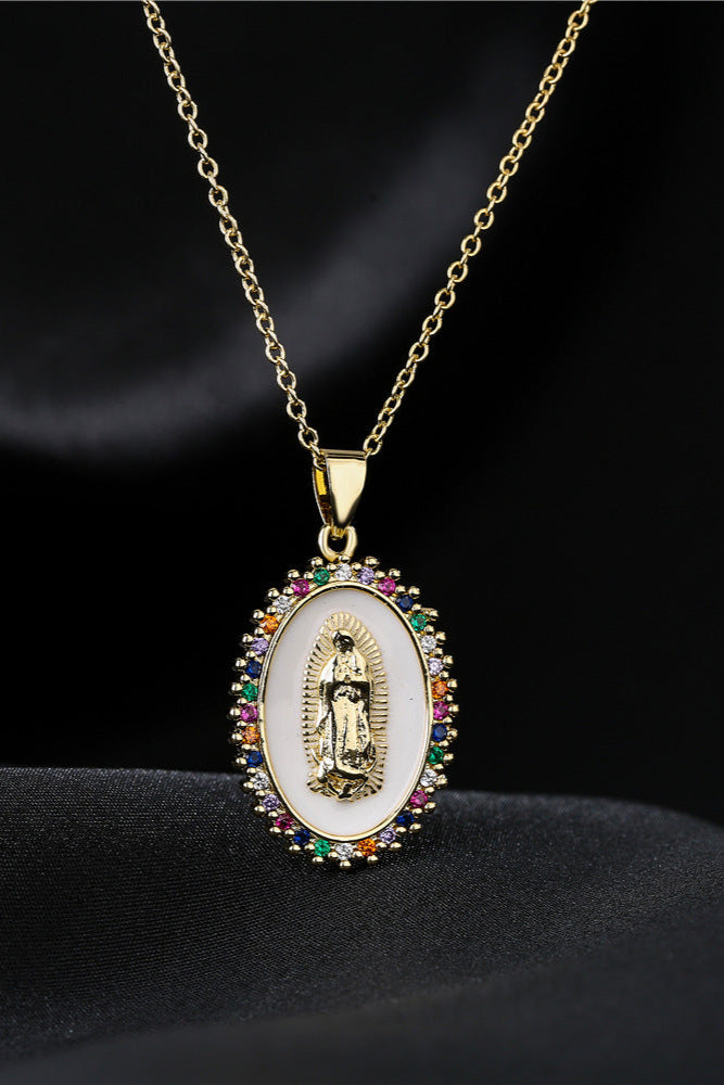 Virgin Pearl Diamond Mary Pendant Necklace