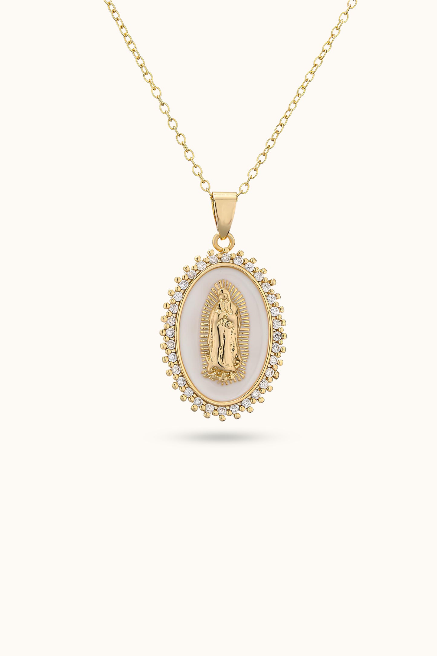 Virgin Diamond Pearl Mary Pendant Necklace
