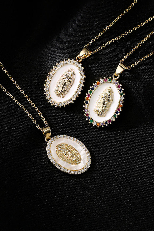 Virgin Pearl Diamond Mary Pendant Necklace