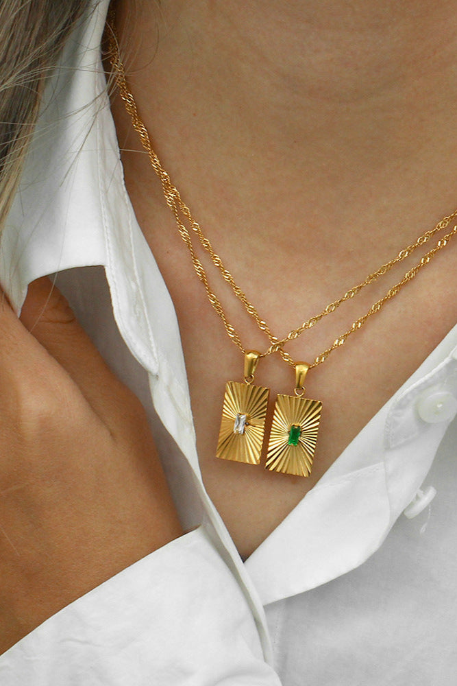 Square Plaque Necklace with Sunburst Pattern