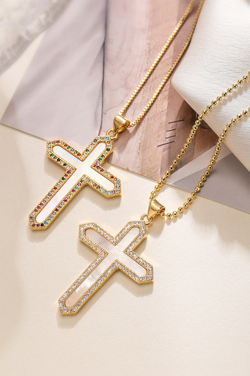 White Shell Diamond Cross Pendant Necklace