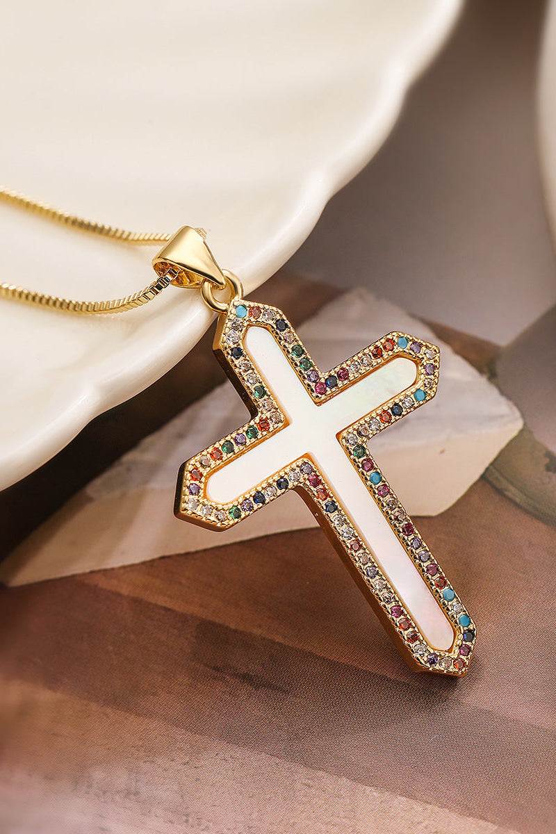 White Shell Diamond Cross Pendant Necklace