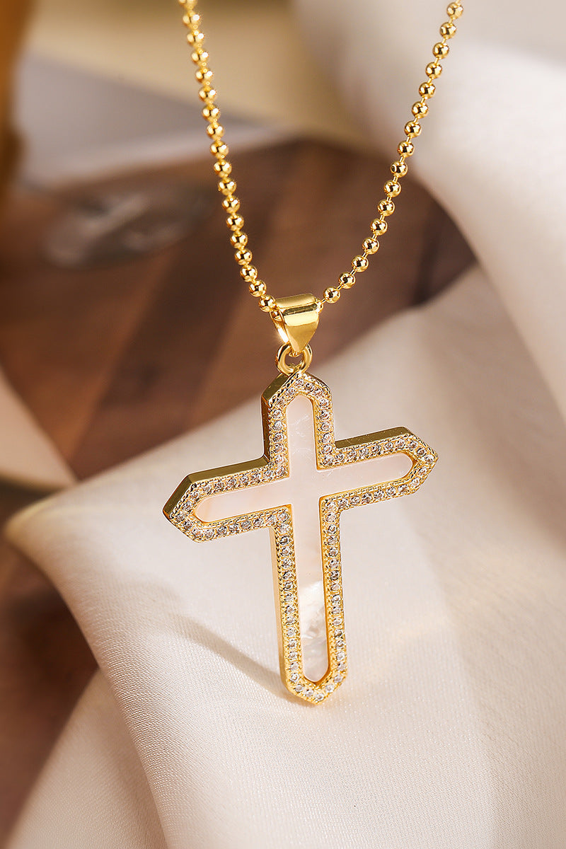 White Shell Diamond Cross Pendant Necklace