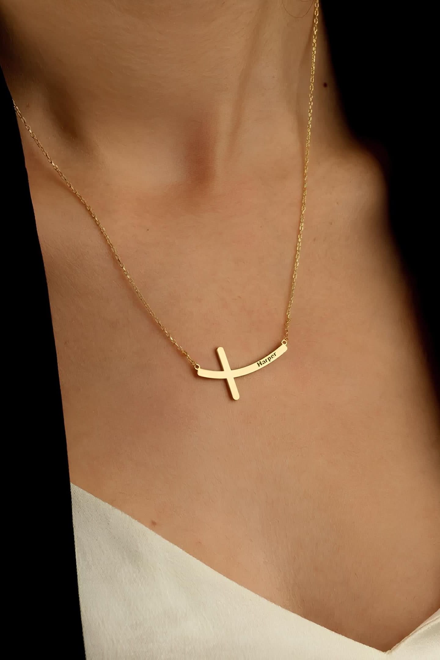 Bending Cross Name Necklace