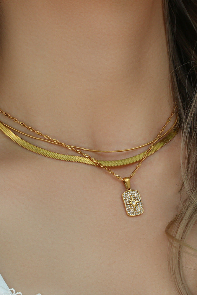 Zircon Octagram Square Plaque Pendant Necklace