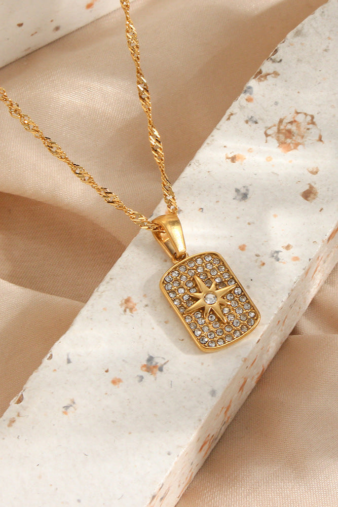 Zircon Octagram Square Plaque Pendant Necklace