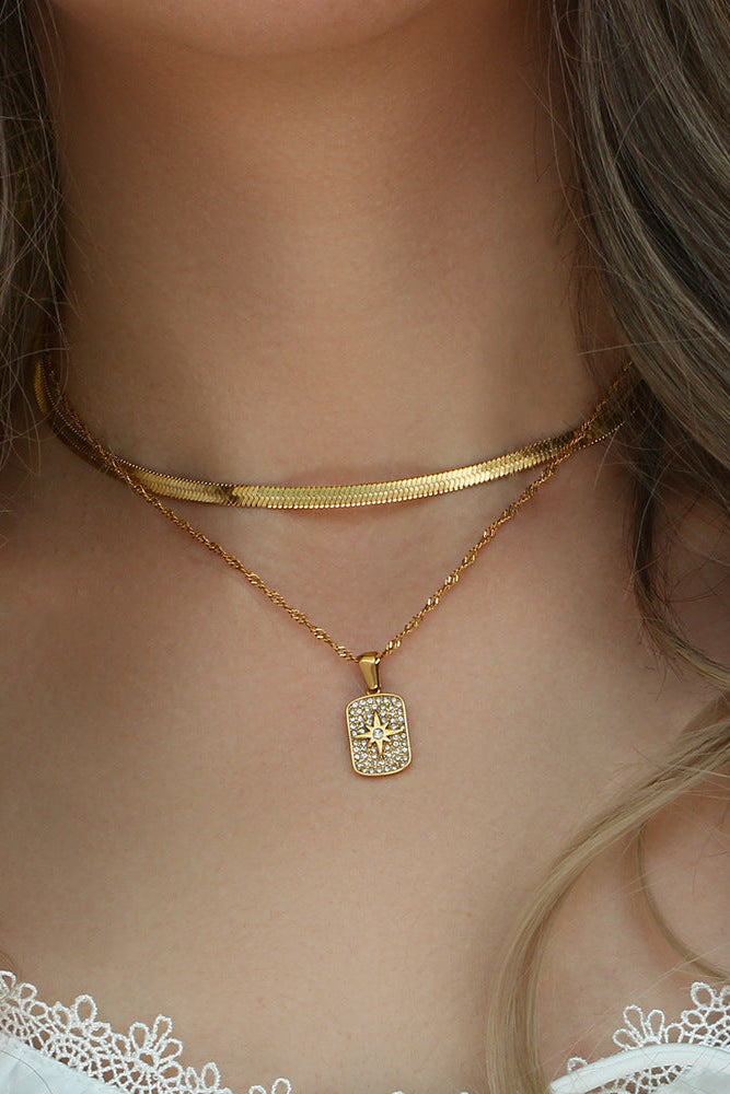 Zircon Octagram Square Plaque Pendant Necklace