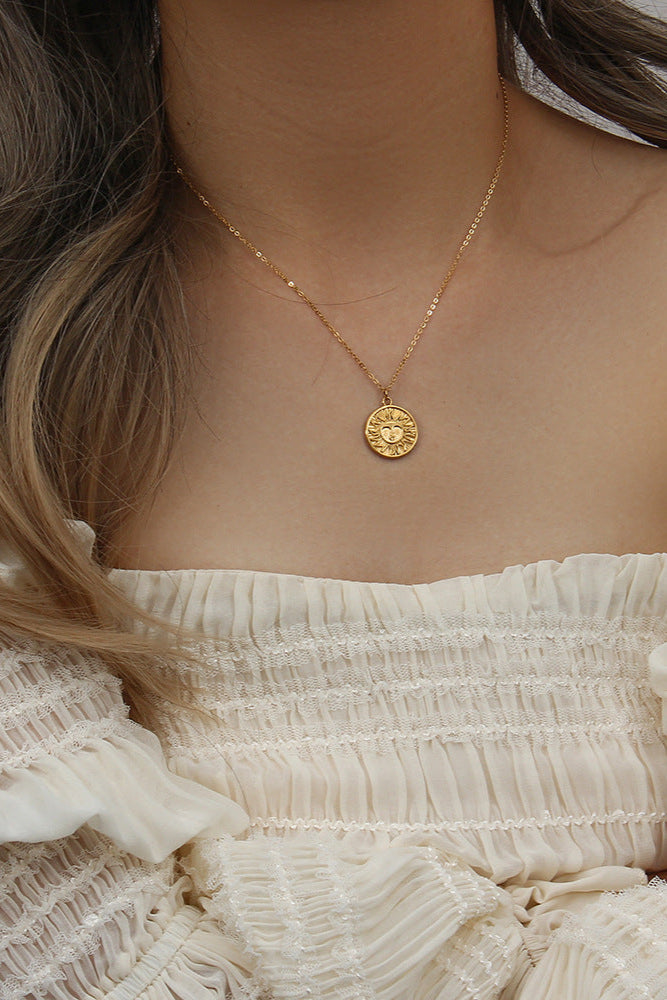 Engraved Zodiac Sun Pendant Necklace