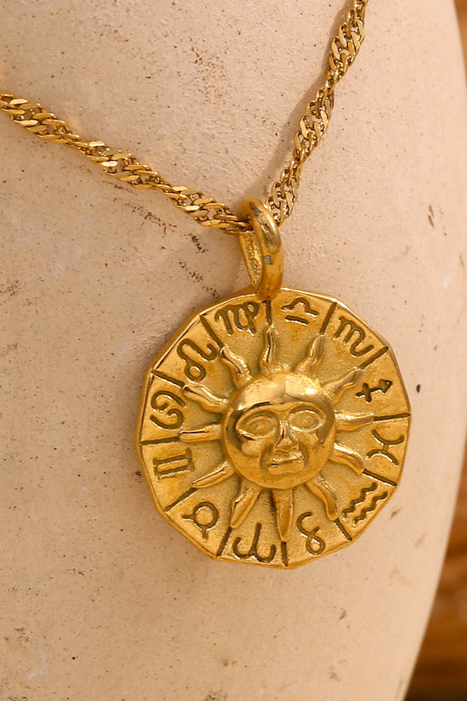 Engraved Zodiac Sun Pendant Necklace