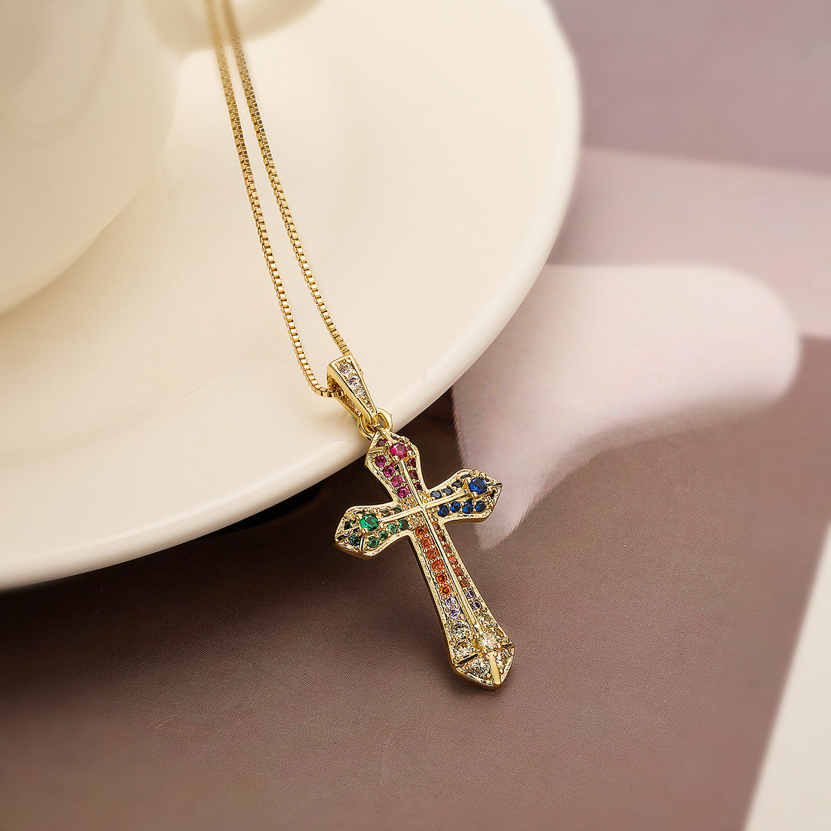 Cross Colored Diamond Pendant Necklace