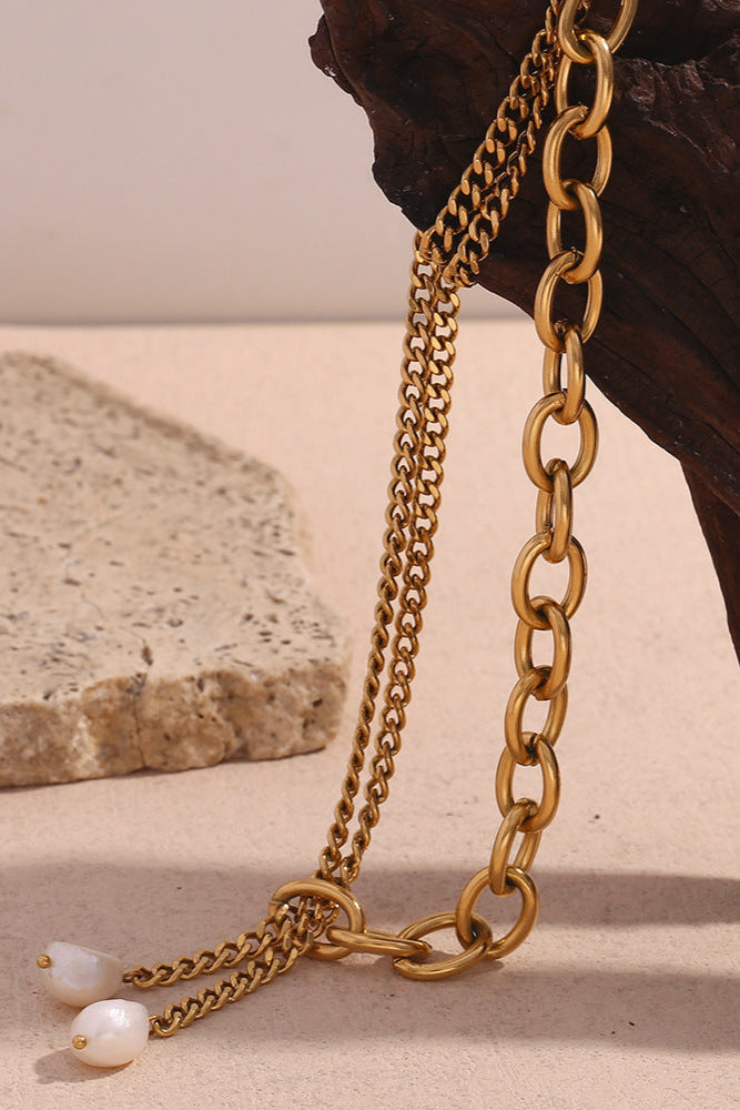 Double Cuban Chain Freshwater Pearl Necklace