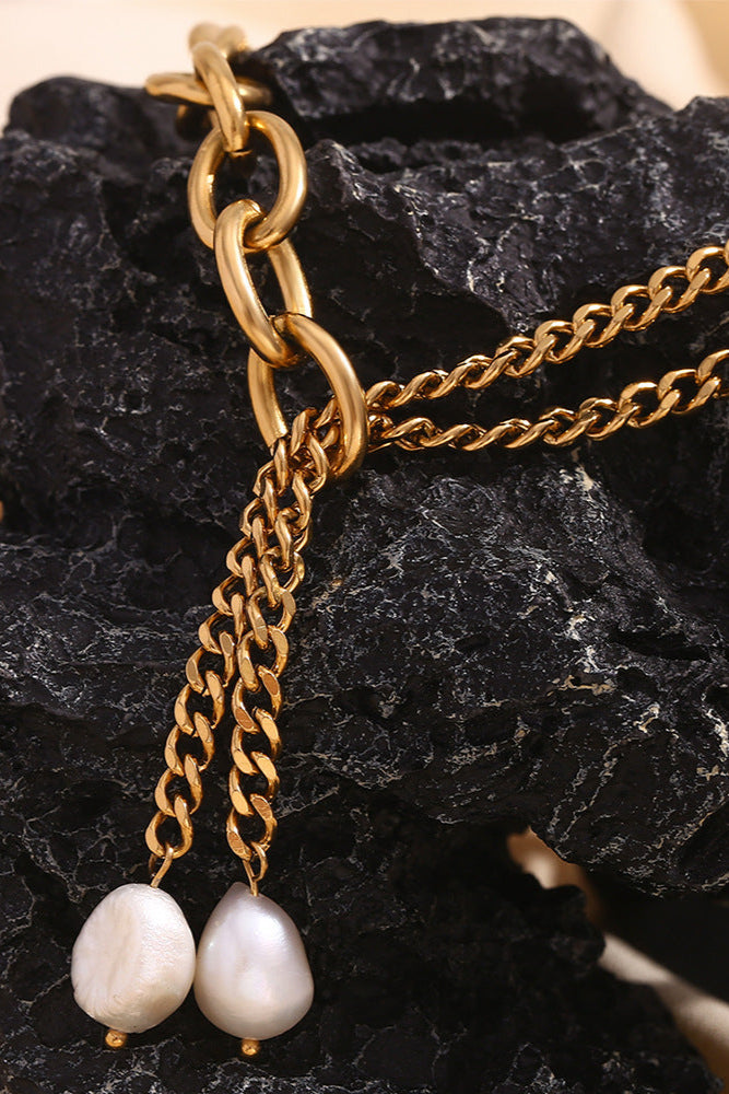 Double Cuban Chain Freshwater Pearl Necklace
