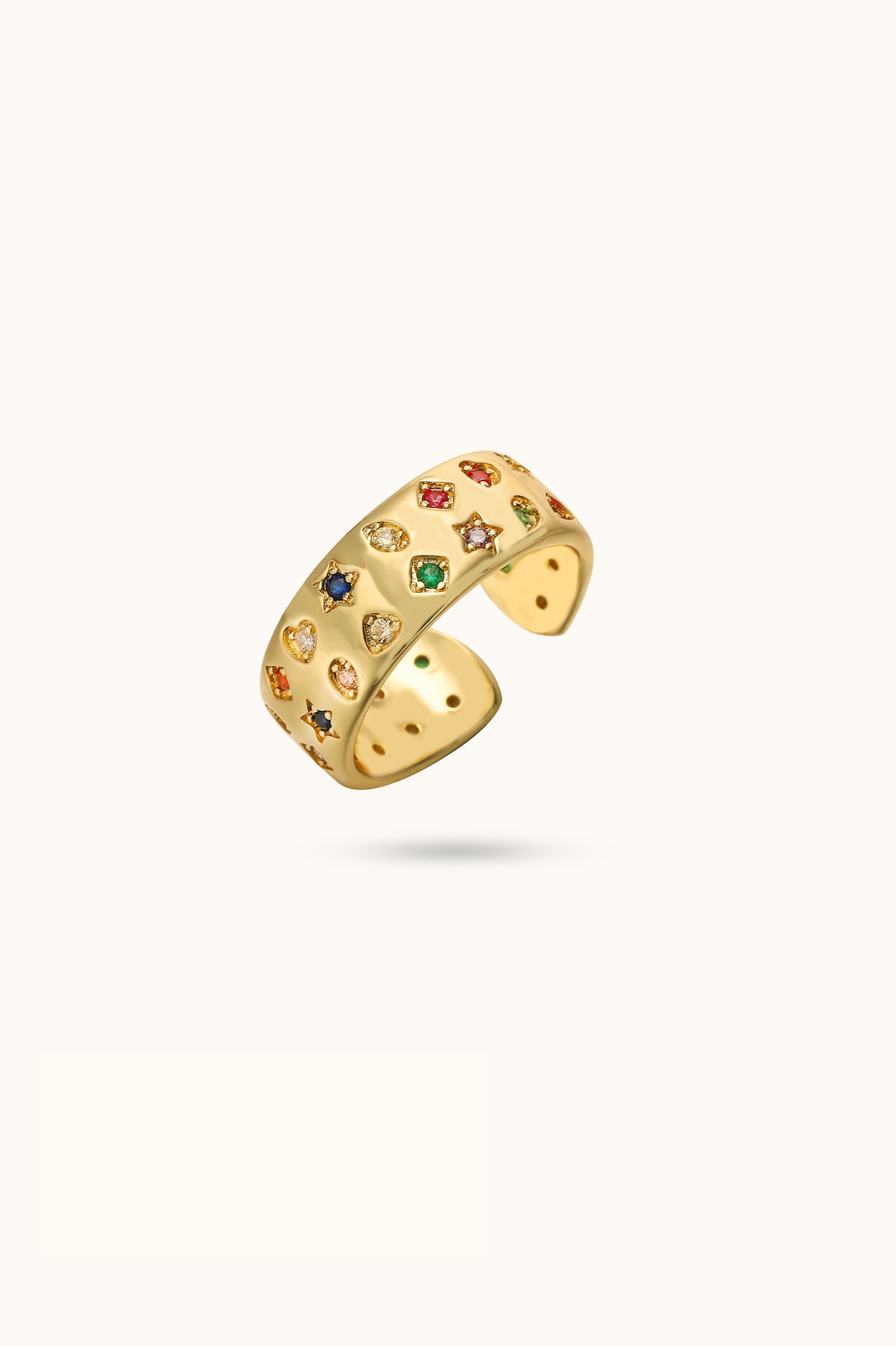Double Row Colored Diamond Star Heart Ring