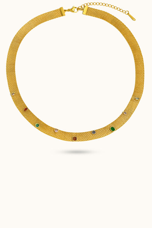 Mesh Band Colored Zircon Chain Necklace