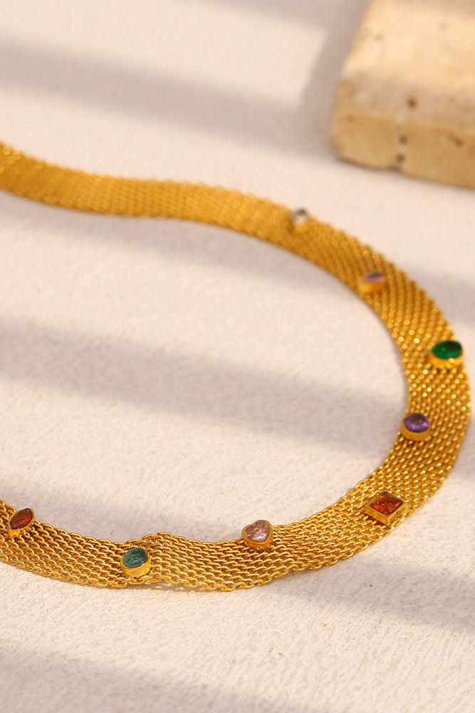 Mesh Band Colored Zircon Chain Necklace