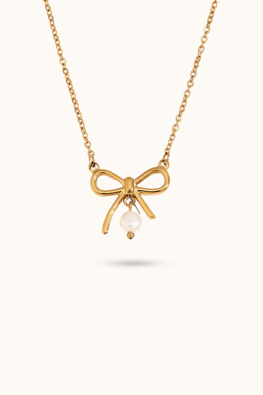 Mini heart-Pearl pendant bowknot necklace