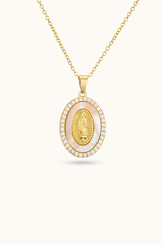 Pearl Diamond Virgin Mary Pendant Necklace
