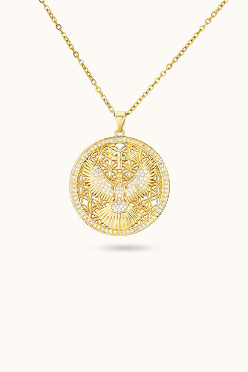 Round Disc Cross Diamond Eagle Pendant Necklace